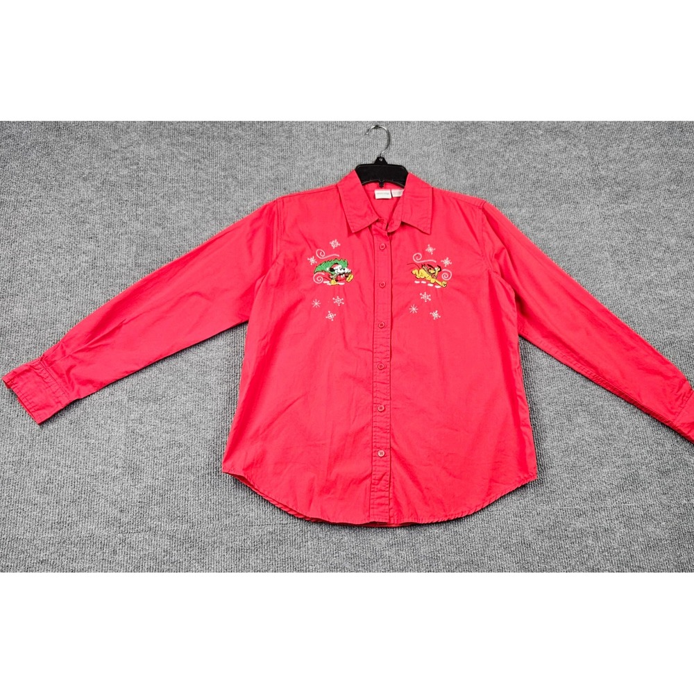 Disney Mickey Mouse Pluto Christmas Button Down Shirt Red Embroidered Womens S